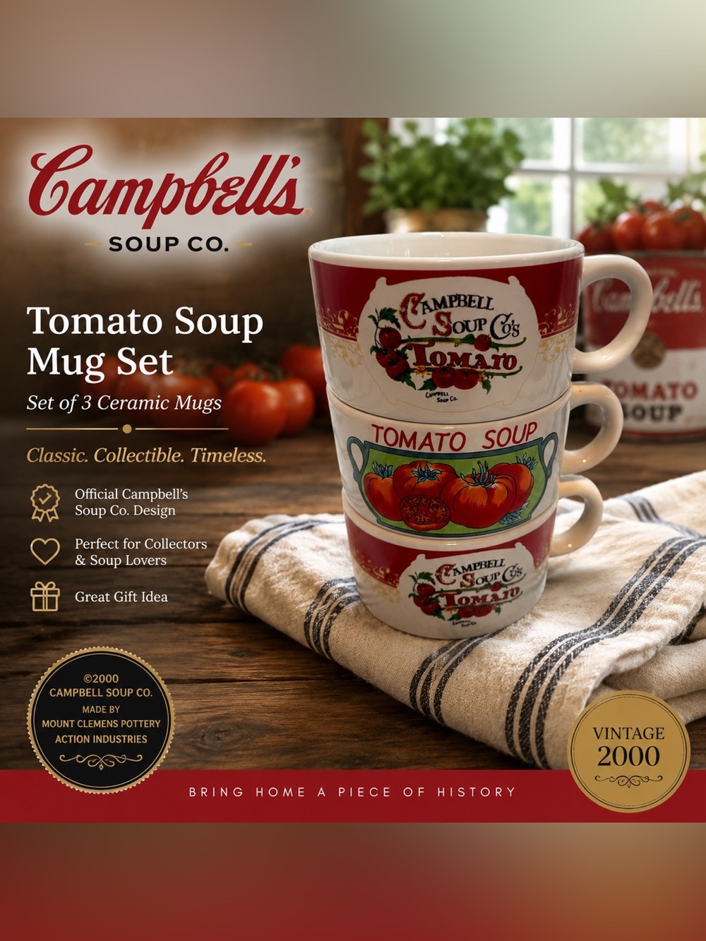 Campbell’s Tomato Soup Ceramic Mug Set of 3 Vintage 2000 Collectible Soup Cups